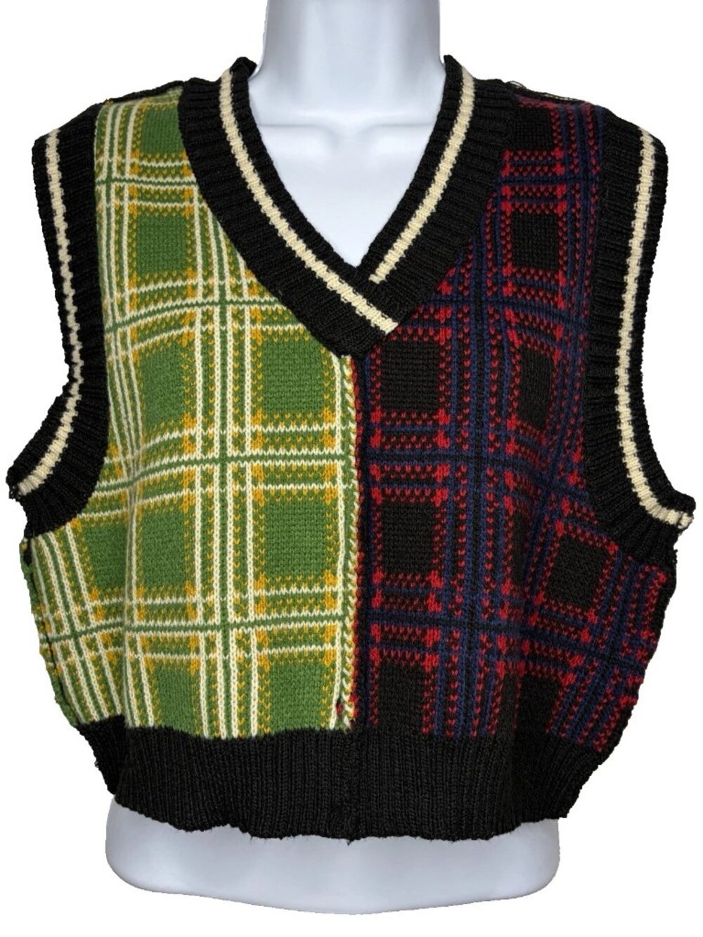 The Ragged Priest Control Crop Sweater Vest Size L Green Black Two Tone Plaid